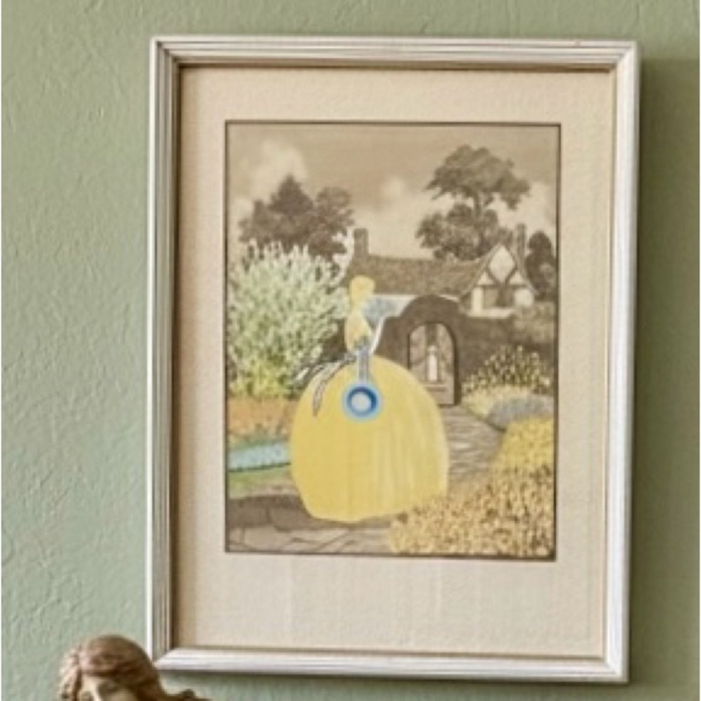 Antique Hand Painted Art Nouveau French Fashion Pochoir Lithograph Custom Frame